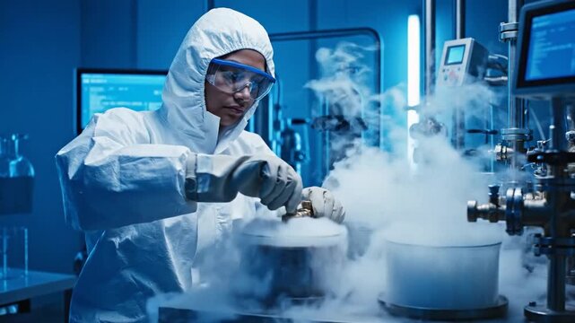 Focused Female Scientist in Protective Suit Conducts Cryogenic Experiment in a High-Tech Blue-Lit Lab
