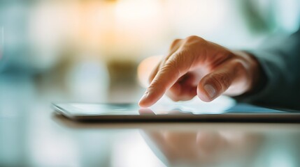 Close-up of hand using tablet on reflective surface.