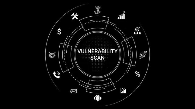 Vulnerability scan cybersecurity concept with and symbols on black background security scan threat assessment