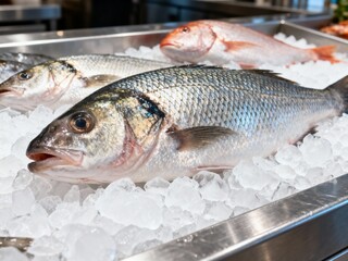Whole Fresh Raw Sea Bass and Red Snapper Displayed on Crushed Ice at a Seafood Market.