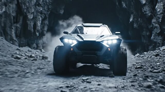 Futuristic Armored Off-Road Vehicle Speeds Out of a Dark Cave Through a Rocky, Barren Canyon.