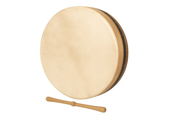 Irish bodhran hand drum and traditional tipper, isolated on a transparent background for folk music and cultural events