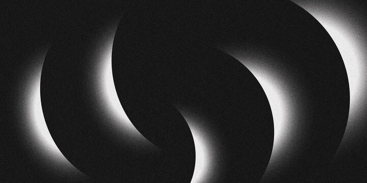 Minimalist black and white abstract design with a repeating glowing light ring effect, with a subtle noise texture.	
