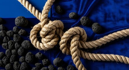 Fototapeta premium Close-up of thick nautical rope knot and black volcanic lava sto