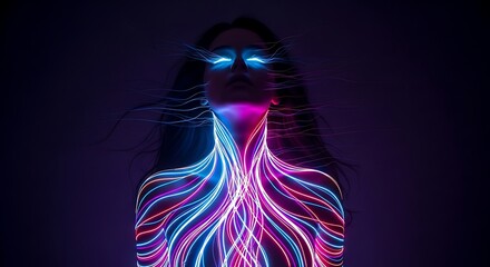 Cybernetic being with vibrant light veins and glowing eyes.