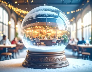雪のスノードームに包まれた幻想的なカフェの冬の情景を表現したイメージ