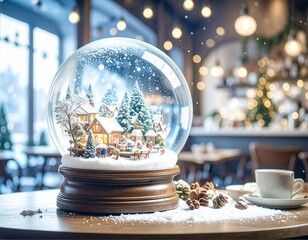 雪のスノードームに包まれた幻想的なカフェの冬の情景を表現したイメージ