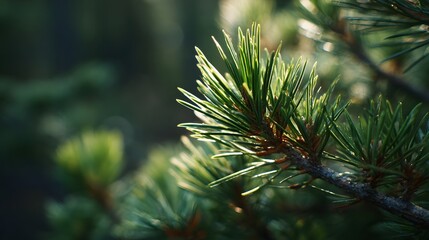 Close-up of vibrant green pine needles in natural sunlight.