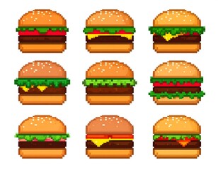 Pixelated array of nine colorful burgers, buns, lettuce, cheese, tomato, meat