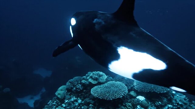 Majestic Orca Killer Whale Swimming Gracefully Underwater Ocean Depths.