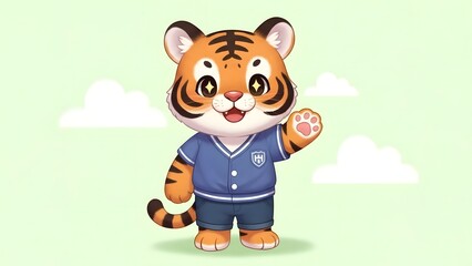 Fototapeta premium An adorable tiger cub mascot dressed in a blue jacket and shorts, waving its paw. Featuring sparkling eyes and a friendly expression, perfect for educational or children's content.