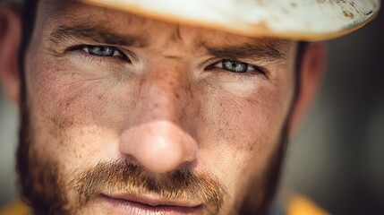 Close-up portrait of a determined construction worker with hardhat.