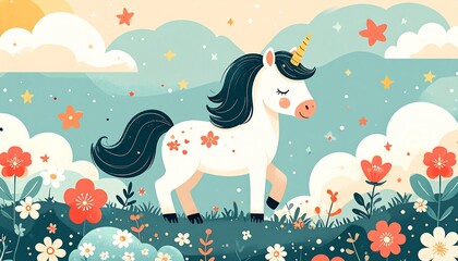 和風で可愛い午（馬）と花畑のパステルイラスト：干支と星と雲のファンタジー背景