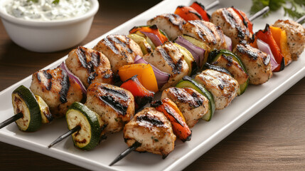 Grilled chicken skewers with colorful vegetables like red onions, bell peppers, and zucchini, served on a white platter with tzatziki sauce. 