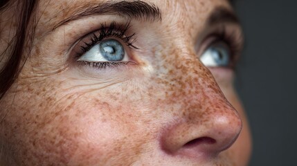 Close-up portrait of a woman with freckles and blue eyes looking up.