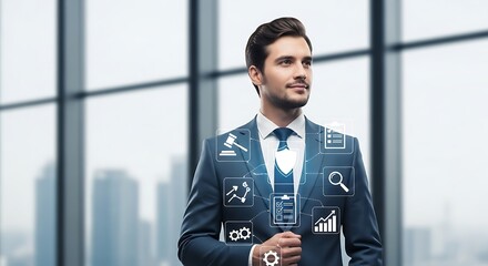 Businessman with digital overlay of business icons in a modern office setting.