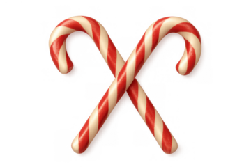 Two red striped candy canes crossing, symbolizing holiday cheer and sweet festive traditions on transparent background