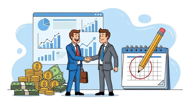 Businessmen shaking hands with financial charts, money, and calendar in background. - Powered by Adobe