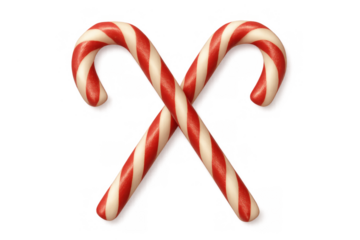 Two red and white striped candy canes crossing, representing christmas holiday season sweets and festive cheer, with transparent background