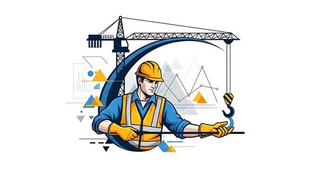 Construction Worker Overseeing Crane Operations and Project Progress.