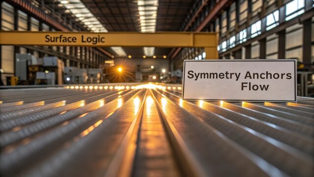 Manufacturing Facility with Rays of Light and Sign Depicting Symmetry Anchors Flow in Industrial Environment