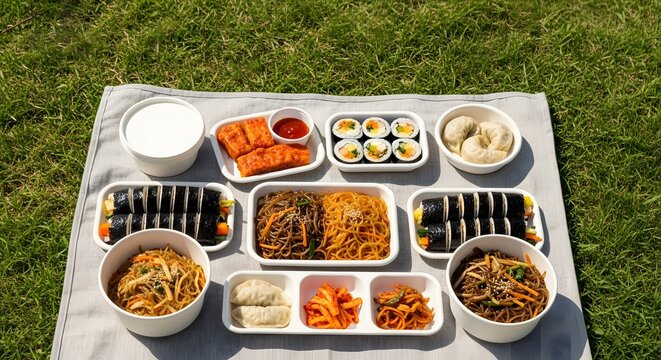 Delicious Korean picnic food spread (Gimbap, Japchae, Mandu) on