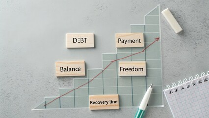 Financial Growth Concept with Wooden Blocks, Graph, and Notepad on Grey Background Illustrating Debt and Payment Journey
