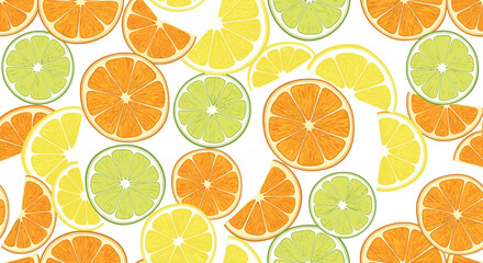 Obraz premium Bright and cheerful seamless pattern of colorful citrus fruit slices, including oranges, lemons, and limes, on a clean white background.