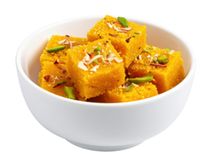 Golden Besan Burfi Cubes Topped with Nuts in a White Bowl