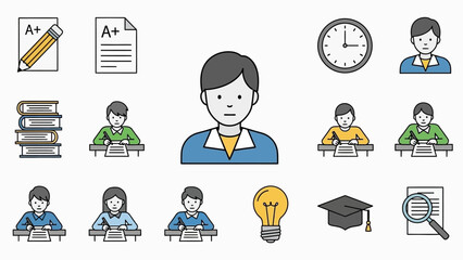 Educational icons featuring students, academic achievements, and learning tools.