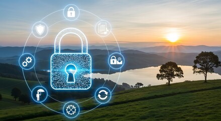 Digital Security Lock Icon Overlooking Serene Landscape at Sunset.