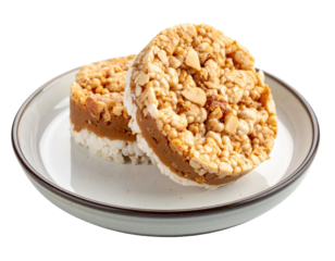 Two Peanut Butter Rice Cake Sandwiches on a Plate, Close-Up View