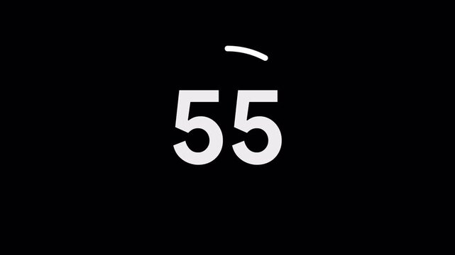 One Minute (60 Seconds) Digital Countdown Timer Animation from 60 to 0. White Circular Progress Bar on Transparent Background for Alpha Channel Overlay. 4k video animation seamless loop