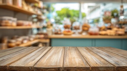 Fototapeta premium Wooden board empty table background. abstract blurred bakery shop background
