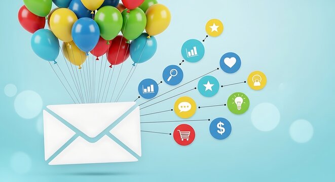 Email Marketing Campaign with Colorful Balloons and Social Media Icons. - Powered by Adobe