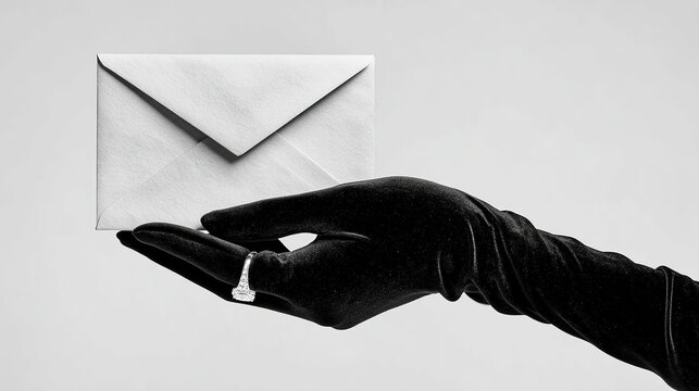 Elegant hand in black velvet glove with diamond ring holding a luxury invitation envelope.