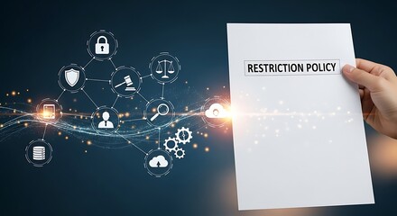 Hand holding a restriction policy document with a background of interconnected security and legal icons.