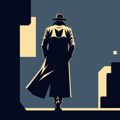 Mysterious figure in trench coat and fedora walking away.