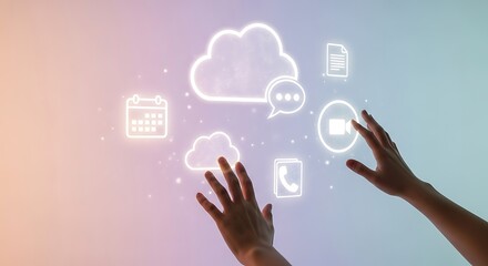 Hands Interacting with Cloud Computing Icons and Digital Data Flow.