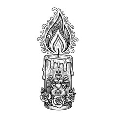 Ornate Sacred Heart Candle with Floral Accents and Decorative Flame.