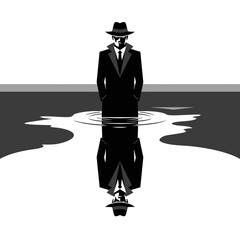 Mysterious Man in Hat and Coat Standing in Water with Reflection.