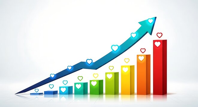 Growth Chart with Upward Arrow and Heart Icons Representing Social Media Engagement.