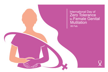 Minimal vector illustration for International Day of Zero Tolerance to Female Genital Mutilation with woman silhouette and feminine symbol.