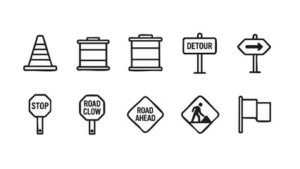 Road Signs and Traffic Cones Icons Set - Construction Safety Navigation.