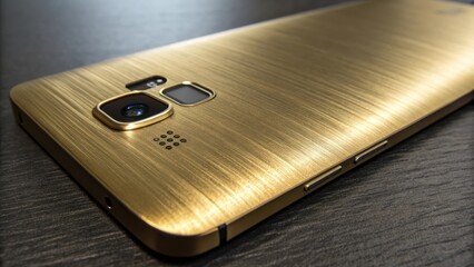 Sleek golden smartphone resting on dark wooden surface showcasing modern technology and stylish design elements