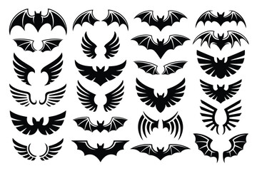 Fototapeta premium Diverse collection of stylized bat wings and flying creature silhouettes, perfect for dark fantasy, gothic, and mystical design projects