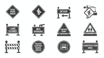 Road Construction Signs and Safety Symbols Vector Icons.
