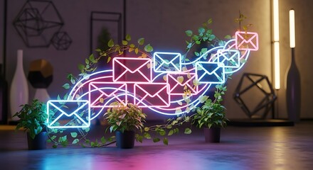 Neon Email Icons Flowing Through Plants in a Modern Interior.