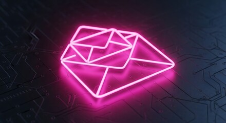 Neon Envelope Icon with Multiple Emails Glowing Pink on Dark Background.