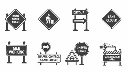Road Construction Signs Set Safety Detour Lane Closed Traffic Control.